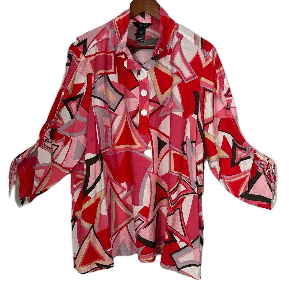 Ali Miles Blouse Women 1L Multicolor Geometric Lagenlook Cottage Coastal NWT